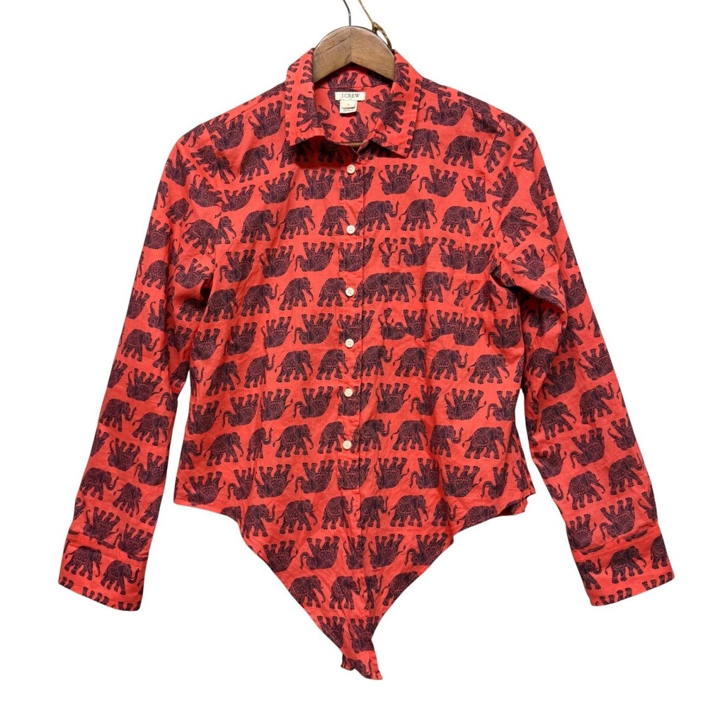 J.Crew Womens S Button Down Shirt Elephant Print Tie Front AOP Vacation Safari
